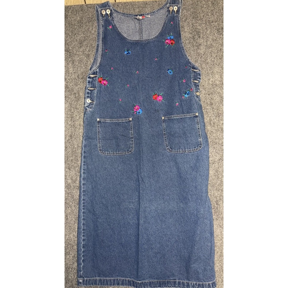 J.L. N.Y. Sports Vintage Denim Sleeveless Dress with Floral Embroidery CottonL